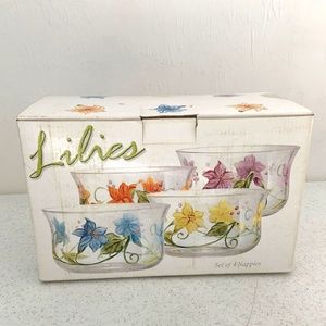 NIB Set of Four Home Essentials Lilies Handpainted Floral Nappies Bowls